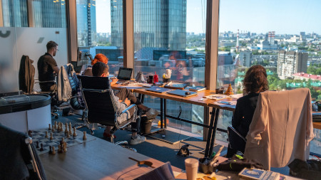 Employees working in a business tower